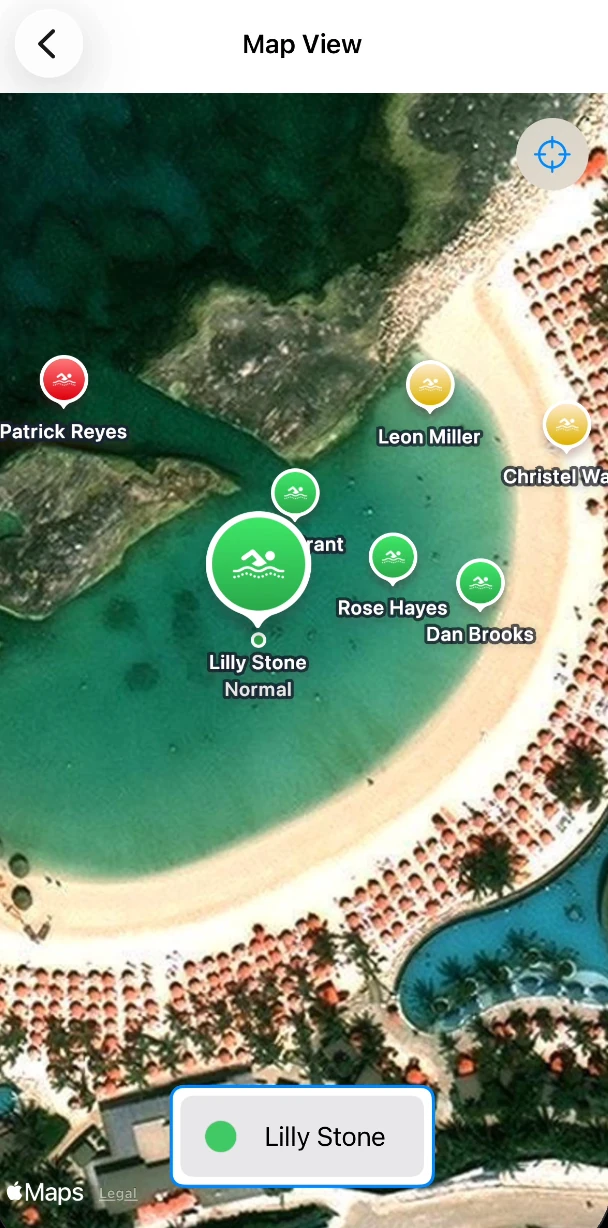 The PneumaSurface map view: every swimmer in the lagoon shown by name with a status colour, green for normal, amber for watch, red for attention
