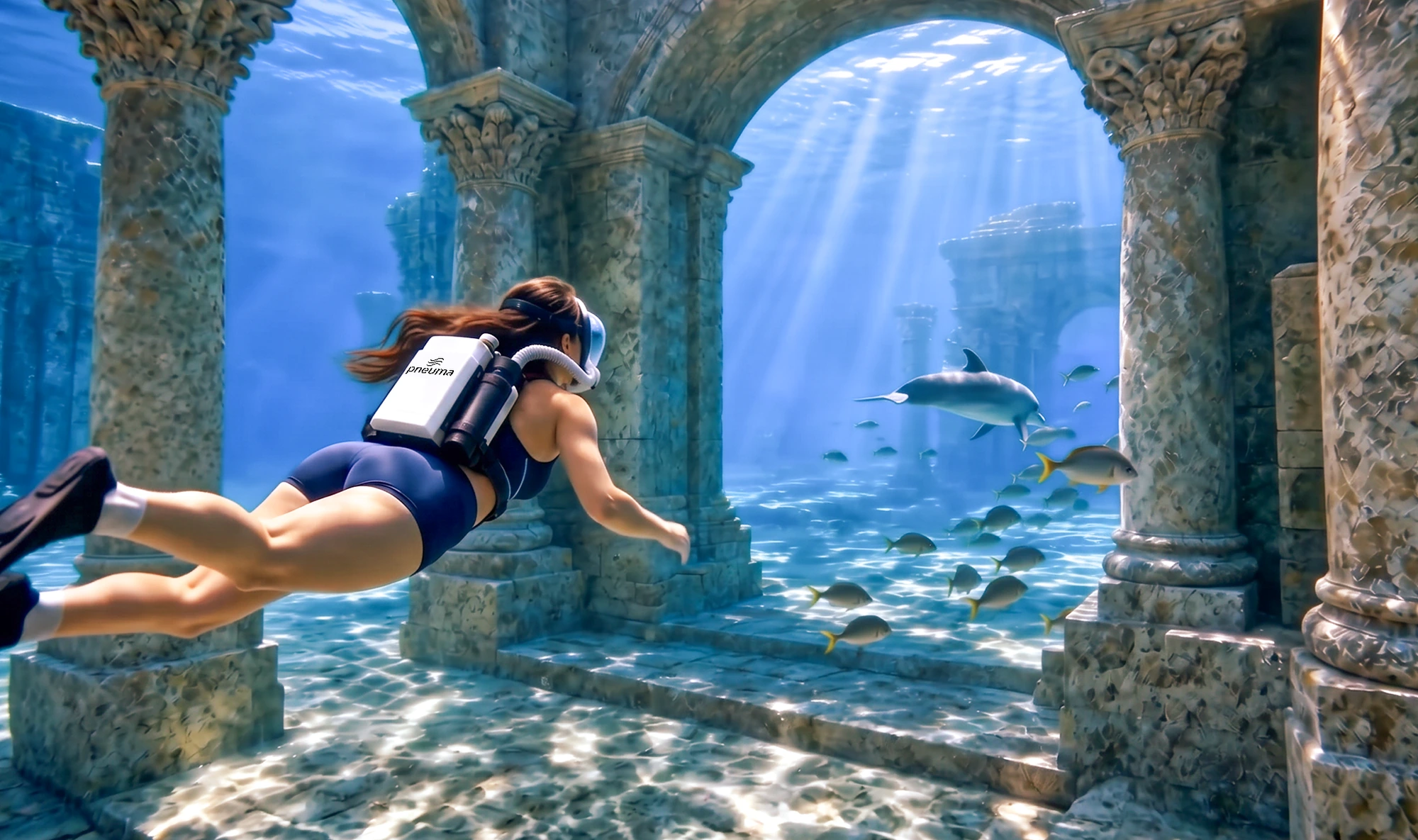 A guest in weightless flight through a submerged colonnade wearing a Pneuma unit