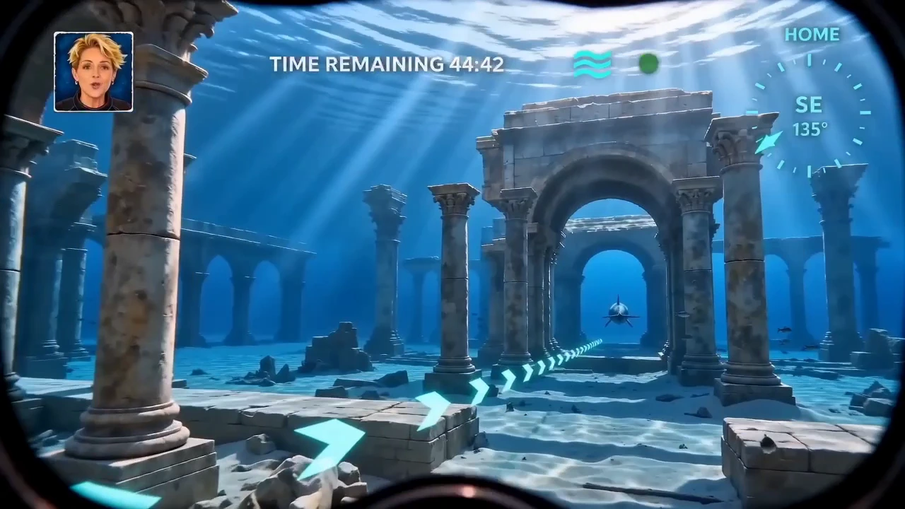 The guest's view from inside the mask: an avatar, time remaining, a compass heading and navigation arrows across the seabed